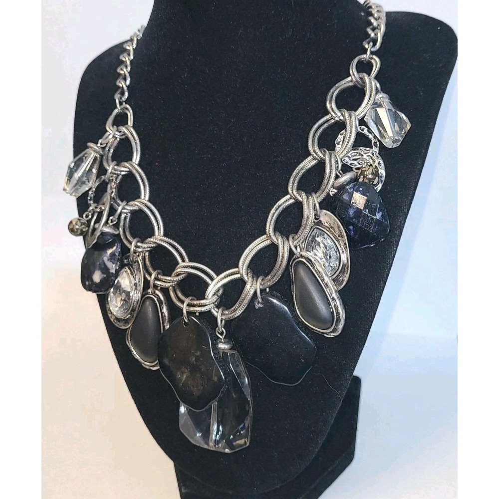 Laura Ashley Chunky Charm Necklace Silver Tone Black Crystal Statement